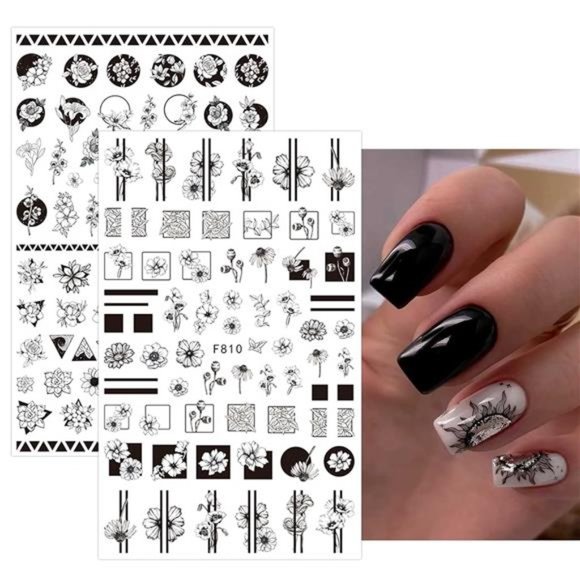 10 Sheets Flower Spring Nail Art Stickers Decals Self-Adhesive Black Nail Art - Picture 3 of 7